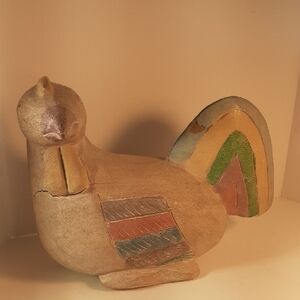 Vtg. Hand Carved & Painted Folk Art Wood Hen. Signed Yard Or Kitchen Decor